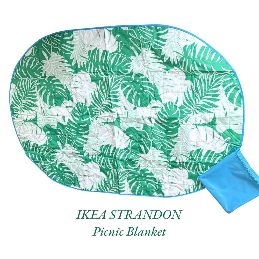 IKEA STRANDON White & Green Picnic Blanket Oval 44" x 66"